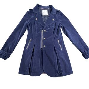 Free People Navy Blue Velvet Military Regimental Peplum Jacket Brass Buttons 10